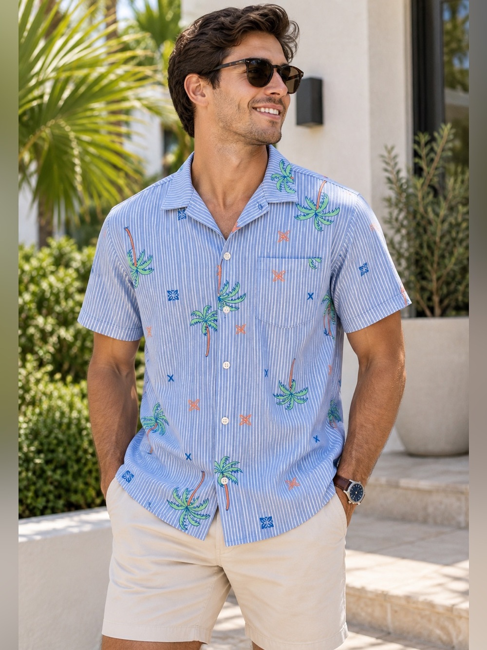 SAXX DropTemp Dry Men’s Palm Tree Striped Short Sleeve Shirt Blue Size Medium